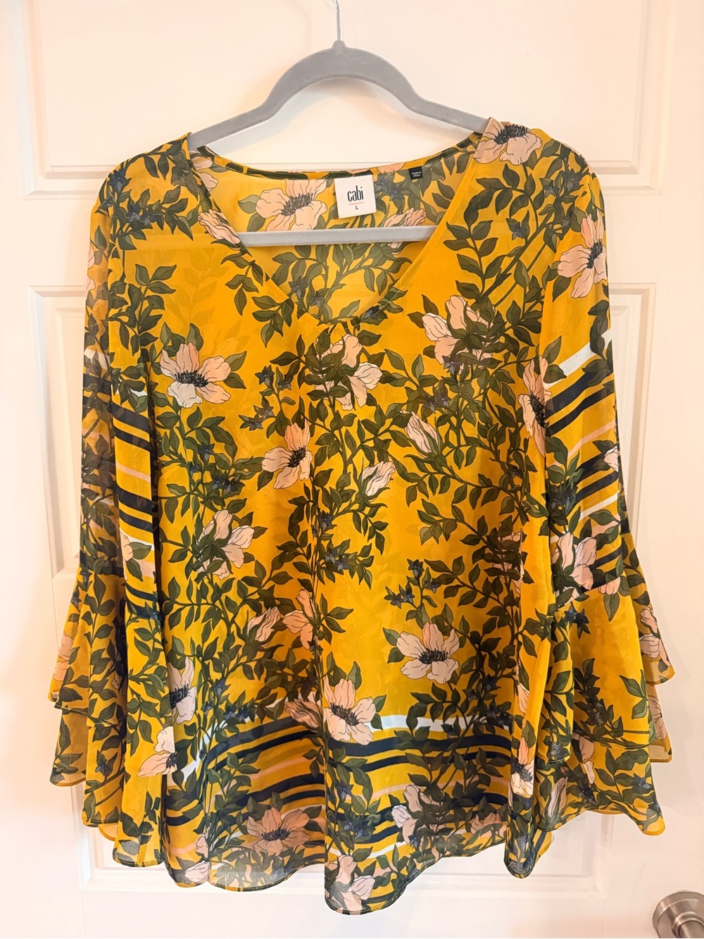 CAbi Mustard Floral V-Neck Bell-Sleeve Blouse Top